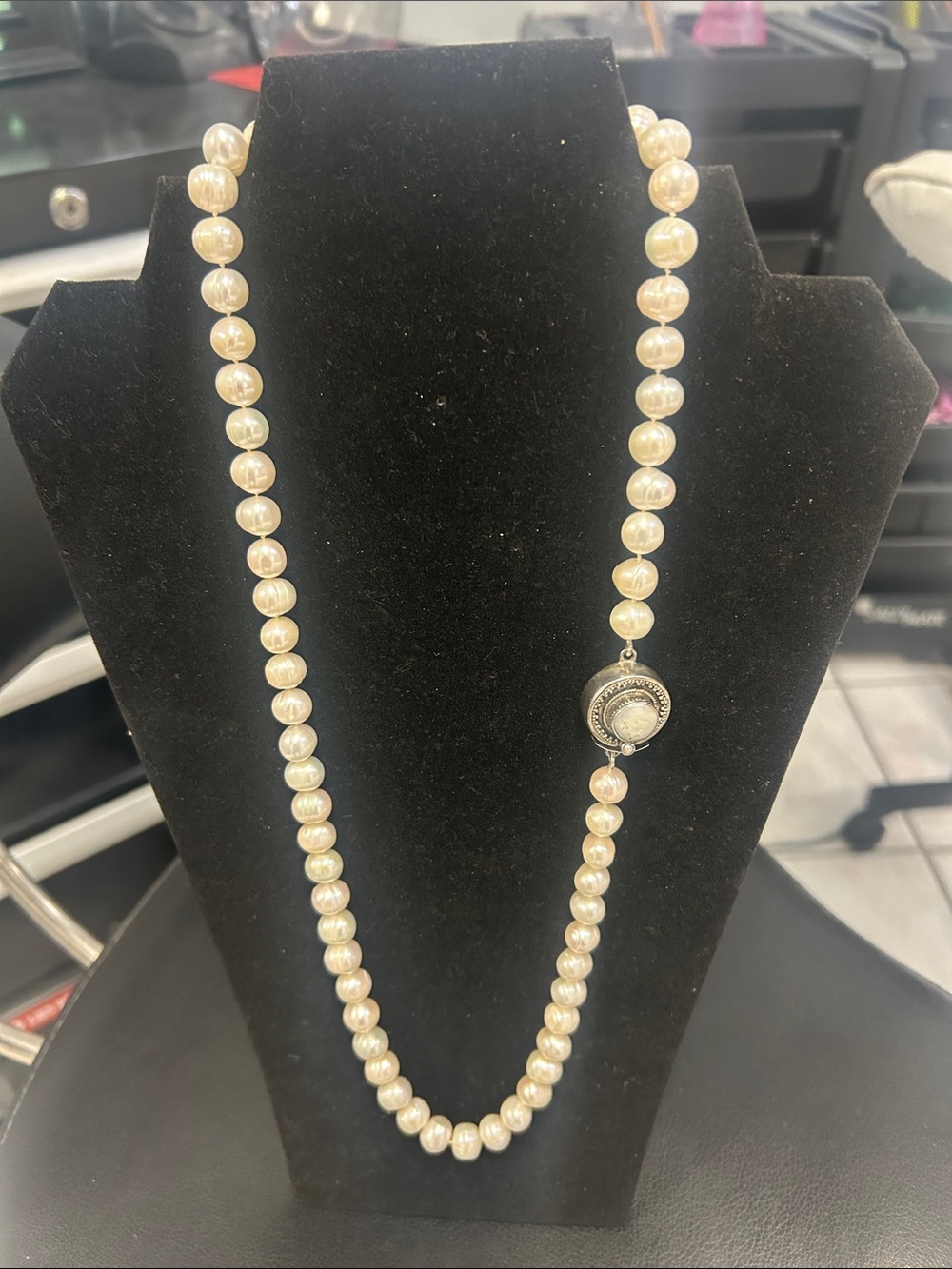 Classic Pearl Strand Necklace with Decorative 925 Sterling Silver Clasp 26 inch